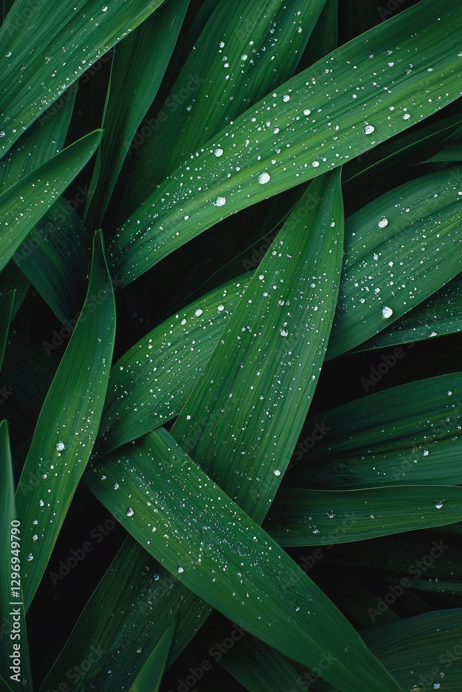 Obraz premium Dew drops on green leaves reflecting morning light on foliage