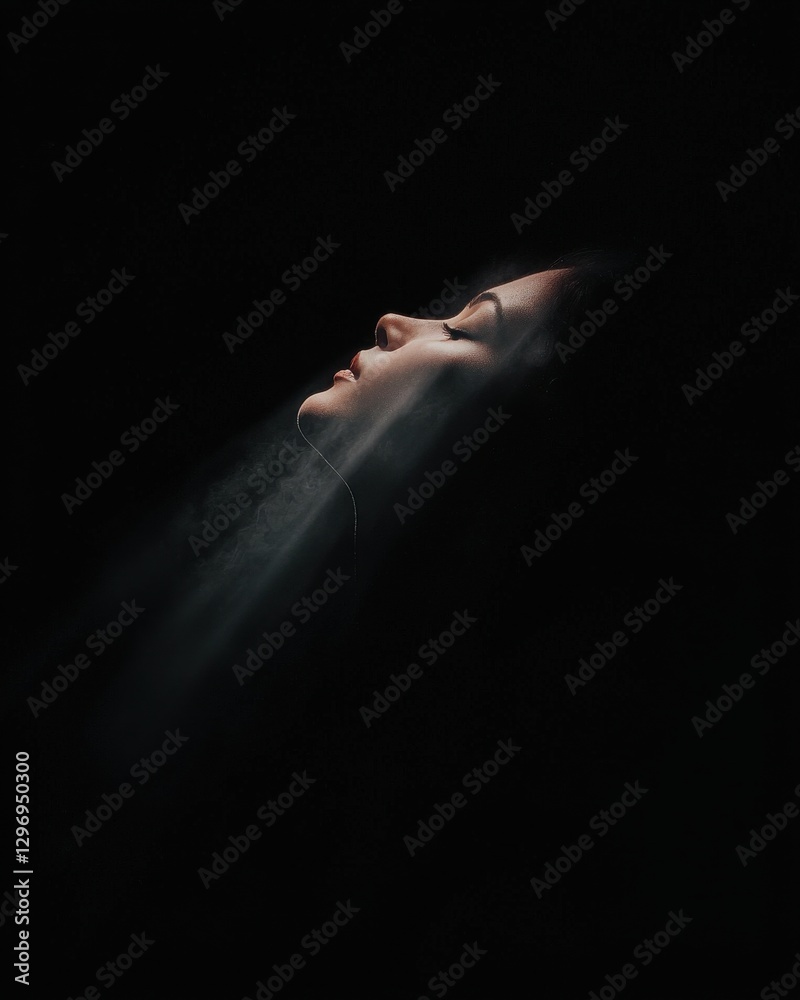 Obraz premium Ethereal portrait of a woman studio dark environment side view serenity and reflection