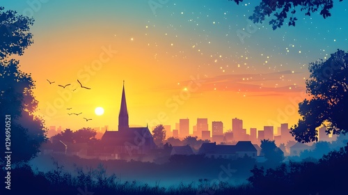 The spire of a historical church under the sunset