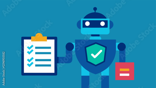 Risk Management A robot analyzing risk factors with a checklist in one hand and a shield in the other representing precautionary measures in trading.