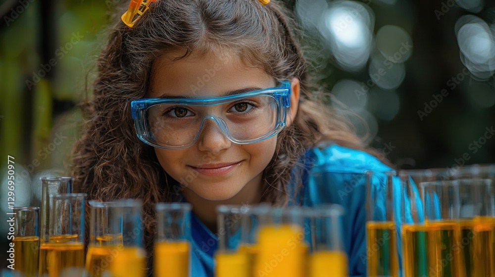 Smiling girl in goggles surrounded by test tubes and colorful liquids. Smiling girl in goggles surrounded by test tubes and colorful liquids.