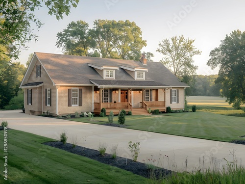 Charming light beige house with covered porch on a country driveway. 