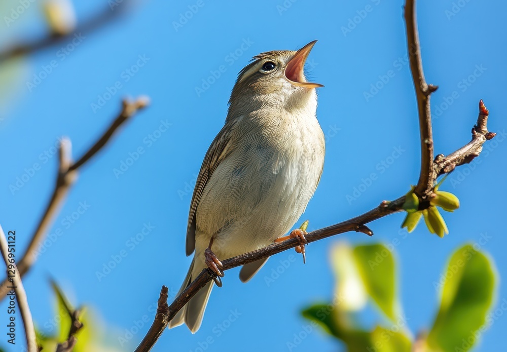 Small bird singing on a branch against a clear blue sky showcasing vibrant nature during the day in a serene environment with lush greenery around Small bird singing on a branch against a clear blue sky showcasing vibrant nature during the day in a serene environment with lush greenery around