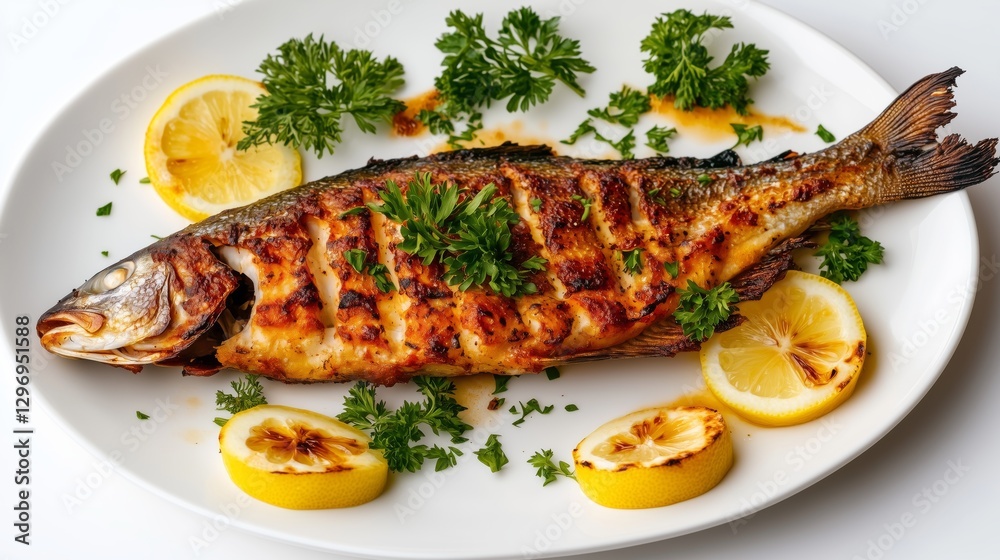 Grilled Fish with Lemon and Parsley: A delicious, golden-brown grilled fish, seasoned to perfection, is arranged on a white platter with fresh lemon slices and sprigs of parsley. Grilled Fish with Lemon and Parsley: A delicious, golden-brown grilled fish, seasoned to perfection, is arranged on a white platter with fresh lemon slices and sprigs of parsley.