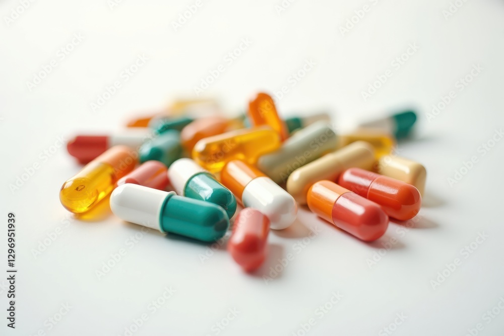 Colorful capsules scattered on a flat surface Colorful capsules scattered on a flat surface