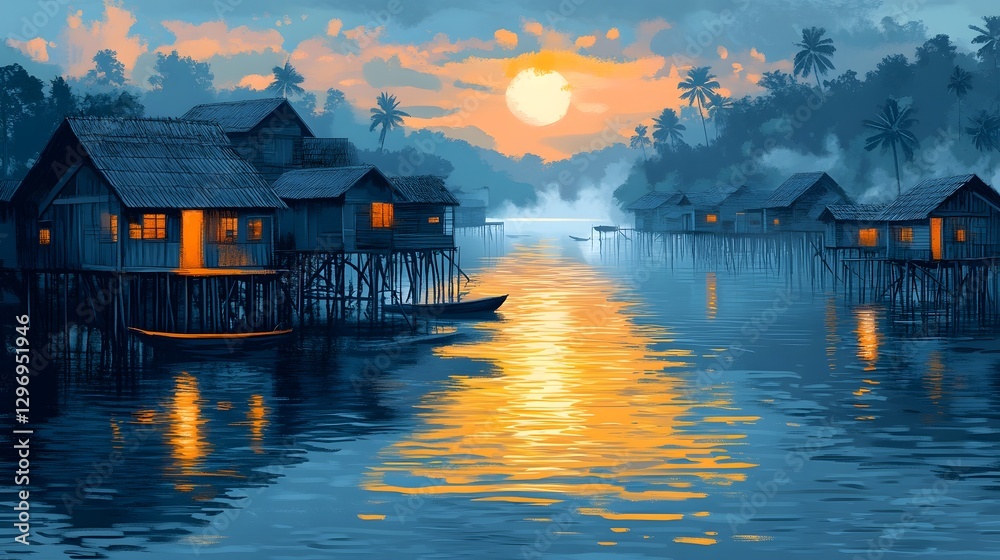 Fototapeta premium The peaceful reflection of the lakeside cottage under the rising sun