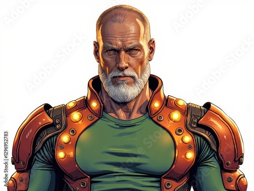 Close-up portrait of a strong, elderly man with a white beard, wearing futuristic orange armor.  Digital illustration. photo