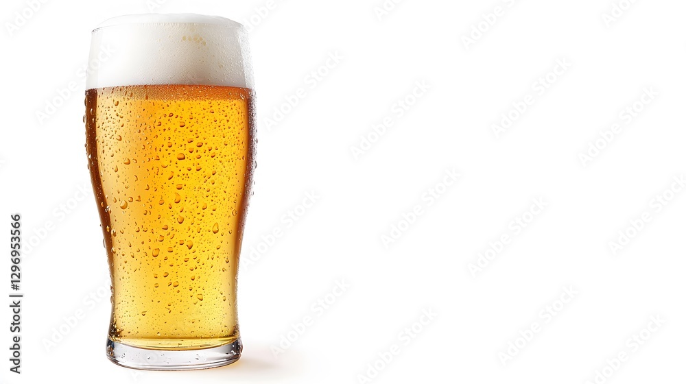 A frosty pint of golden beer with condensation on the left side against a white background. A frosty pint of golden beer with condensation on the left side against a white background.