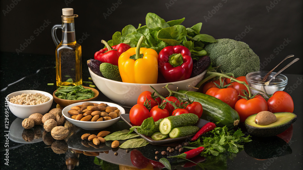 Mediterranean Diet: Vegetables, fruits, nuts, legumes, whole grain products, olive oil, fish, seafood, white meat. Perfect for fitness websites and blogs. Mediterranean Diet: Vegetables, fruits, nuts, legumes, whole grain products, olive oil, fish, seafood, white meat. Perfect for fitness websites and blogs.