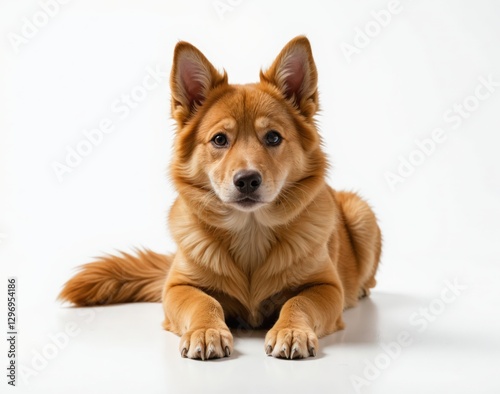 A cute, fluffy, golden-red dog lies down on a white background, looking calmly at the camera. photo