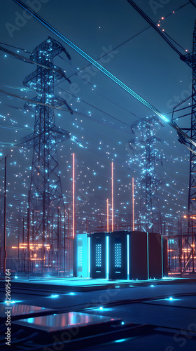 The power grid, including substations and transformers, neatly arranged on a blue digital background
