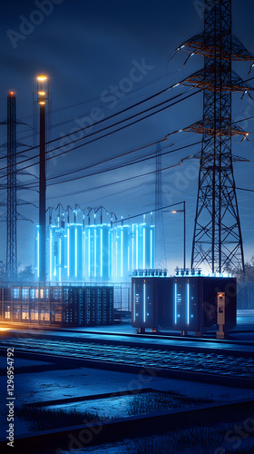 The power grid, including substations and transformers, neatly arranged on a blue digital background
