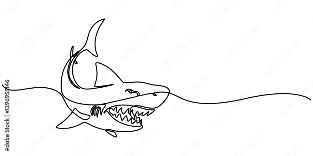 Fototapeta premium Shark fish in continuous line art drawing style. Minimalist black linear sketch on white background. Vector illustration, Sharks fish Continuous one line drawing of fish isolated flat pro vector. 