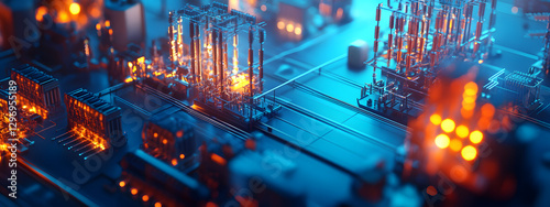 The power grid, including substations and transformers, neatly arranged on a blue digital background
