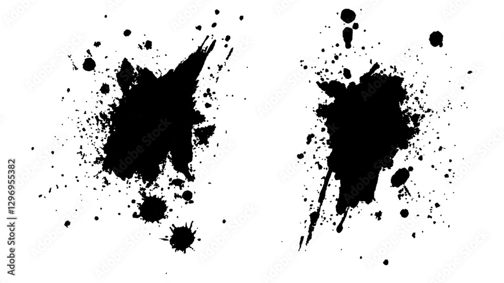 Black paint splashes creating an artistic and dynamic effect. Black ink splatter, black paint, ink brush strokes, brushes, lines, grungy. Dirty artistic design elements Black paint splashes creating an artistic and dynamic effect. Black ink splatter, black paint, ink brush strokes, brushes, lines, grungy. Dirty artistic design elements