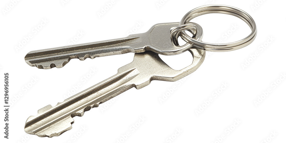 Two silver keys with a house-shaped keychain, isolated on a transparent background Two silver keys with a house-shaped keychain, isolated on a transparent background