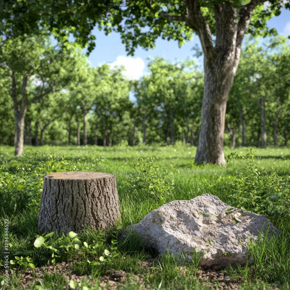 Tranquil forest scene with tree stump and stone on a sunny day Tranquil forest scene with tree stump and stone on a sunny day