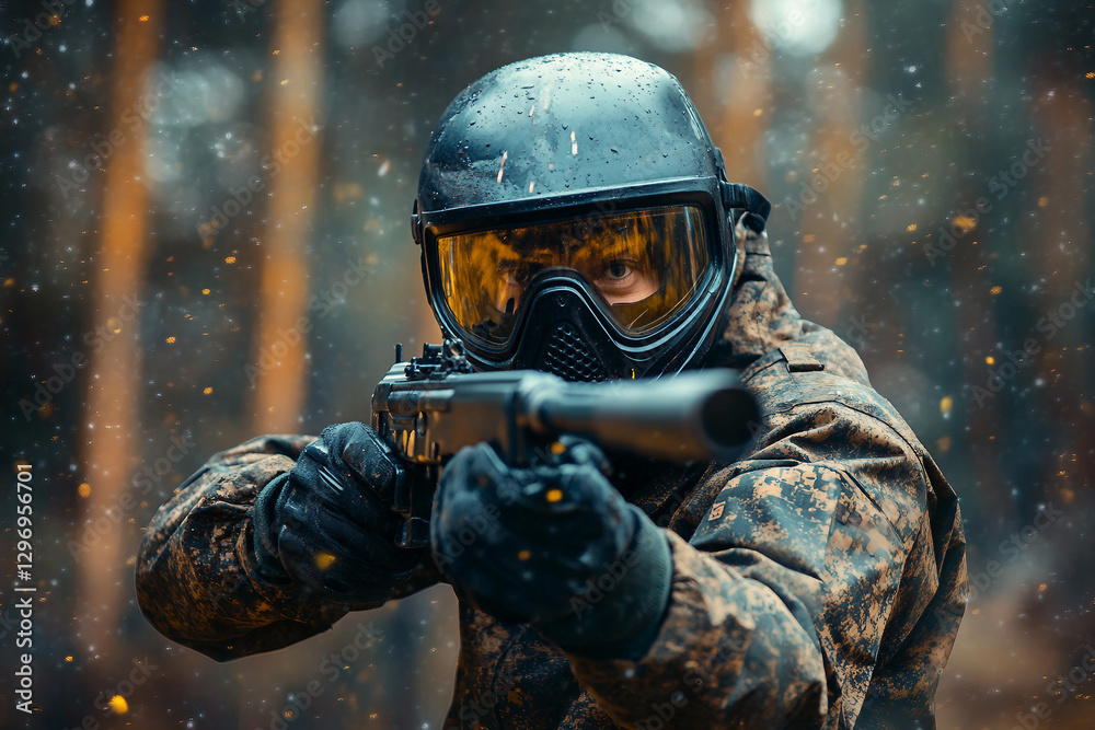 Obraz premium Close-Up of Paintball Players in Action, Wearing Protective Masks and Gear, Generative AI art