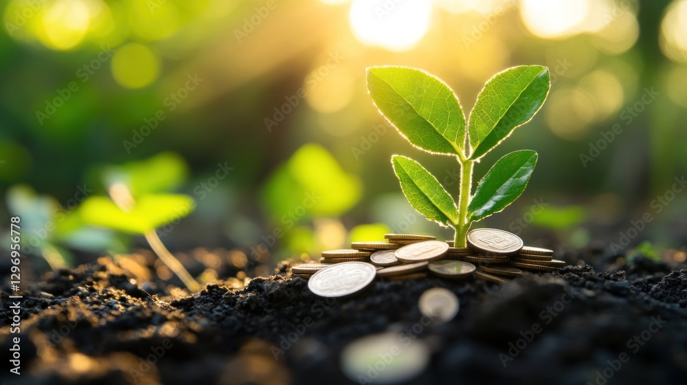 Growth, Investment, and the Promise of Financial Prosperity: A Sapling Flourishing Amidst a Pile of Coins Growth, Investment, and the Promise of Financial Prosperity: A Sapling Flourishing Amidst a Pile of Coins