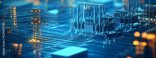 The power grid, including substations and transformers, neatly arranged on a blue digital background
