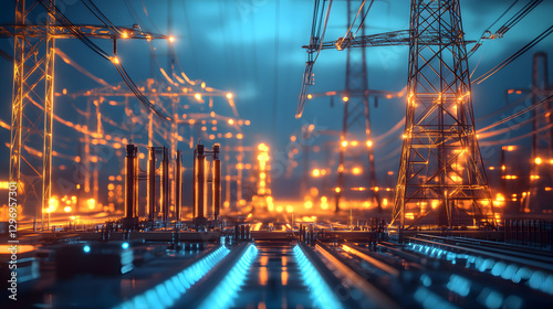 The power grid, including substations and transformers, neatly arranged on a blue digital background
