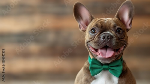 A delightful French Bulldog poses with a bright smile and a stylish green bow tie, exuding charm and amiability that resonates with pet lovers and admirers alike.