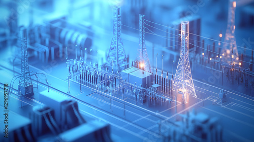 The power grid, including substations and transformers, neatly arranged on a blue digital background
