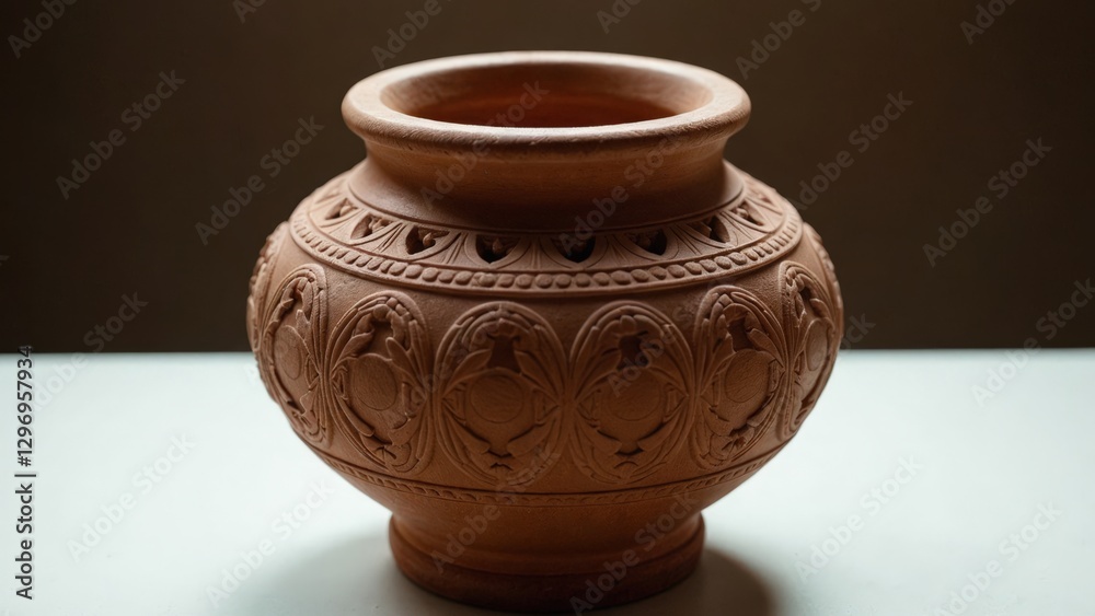 Close-up of an intricately carved terracotta pot on a white surface against a cut out background. Close-up of an intricately carved terracotta pot on a white surface against a cut out background.