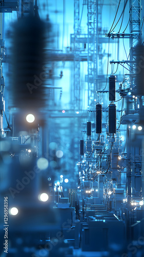 The power grid, including substations and transformers, neatly arranged on a blue digital background
