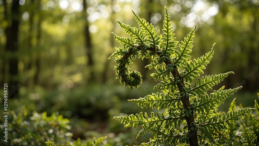 Fototapeta premium Lush green fern branch unfurling in a forest setting illuminated by soft sunlight Perfect for nature lovers and botanical enthusiasts