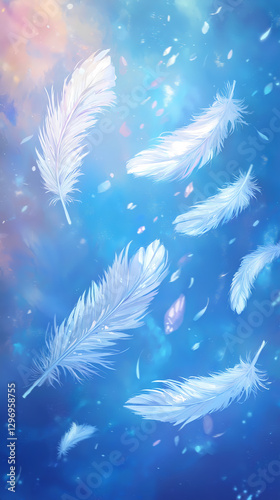 Azure flight white feathers against a brilliant blue ethereal freedom dream