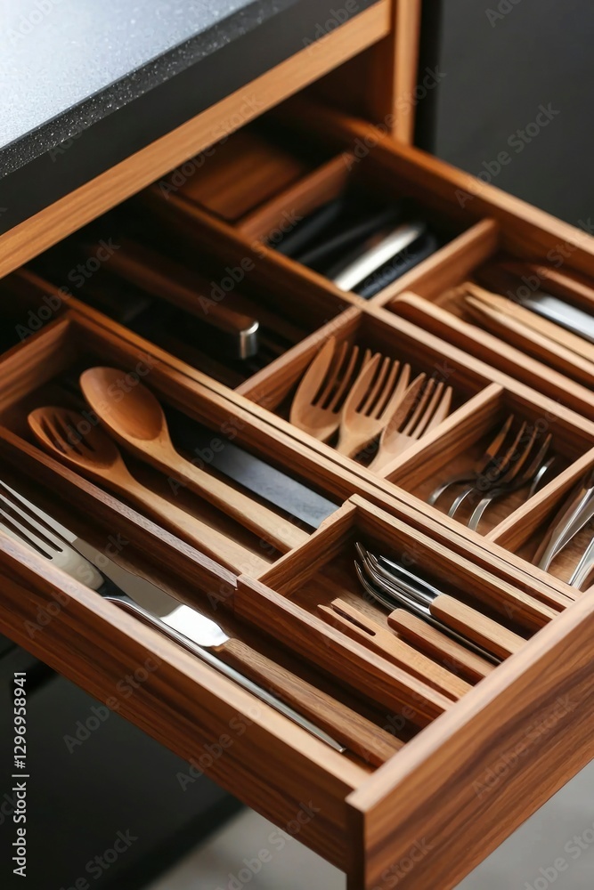 Cutlery organized inside wooden drawer, for kitchen decor concepts Cutlery organized inside wooden drawer, for kitchen decor concepts