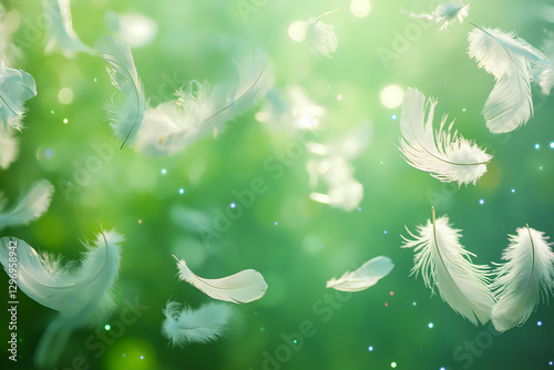 Lush green fantasy cosmos white feathers ethereal light and airy