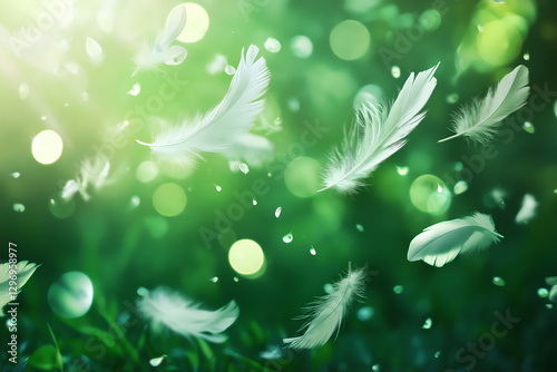 Ethereal grace light dance white feathers within green cosmos soft blur