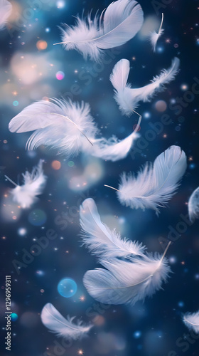 Blue cosmos elegance cascade of white feathers ethereal lightness serene depth
