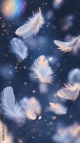 Soft cascade white feathers against blue cosmos ethereal magic dream fantasy