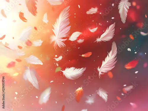 Descent of white feathers amidst warm hues ethereal softness light beauty