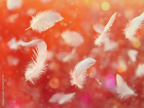 Whispers of white feathers floating upwards in a warm radiant cosmos bliss