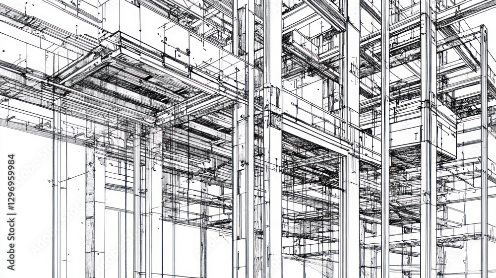 Complex building blueprint, architectural design, interior framework, engineering project, construction visualization Complex building blueprint, architectural design, interior framework, engineering project, construction visualization