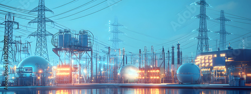 The power grid, including substations and transformers, neatly arranged on a blue digital background
