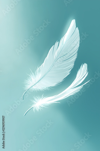 Solitude white feathers against a serene teal background ethereal lightness