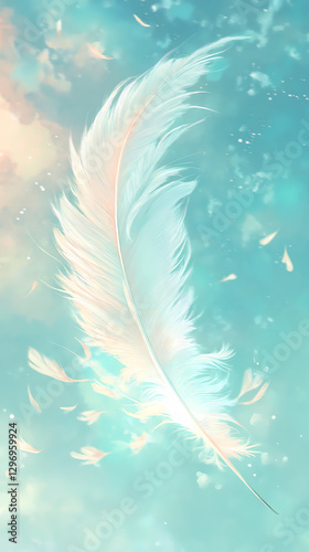 Whispers white feathers against calming teal sky dreamy ethereal softness