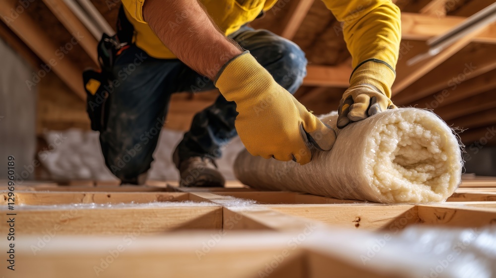 Attic Insulation: A tradesman diligently rolls out insulation in an attic space, highlighting the importance of home energy efficiency and the comfort of a well-insulated home.