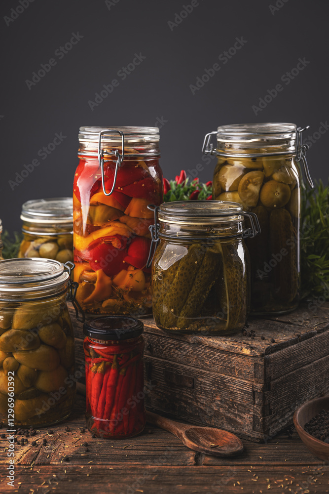 Jars of pickled vegetables Jars of pickled vegetables