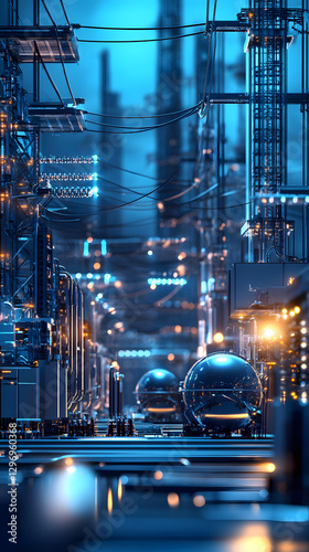 The power grid, including substations and transformers, neatly arranged on a blue digital background
