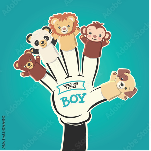 Vector illustration of finger animal puppets and hand written text Welcome little boy