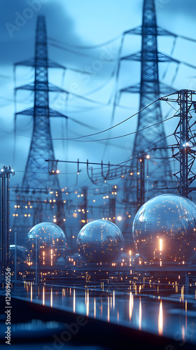 The power grid, including substations and transformers, neatly arranged on a blue digital background
