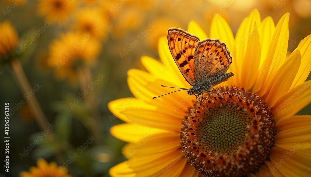 Butterfly resting on a sunflower in a vibrant garden setting