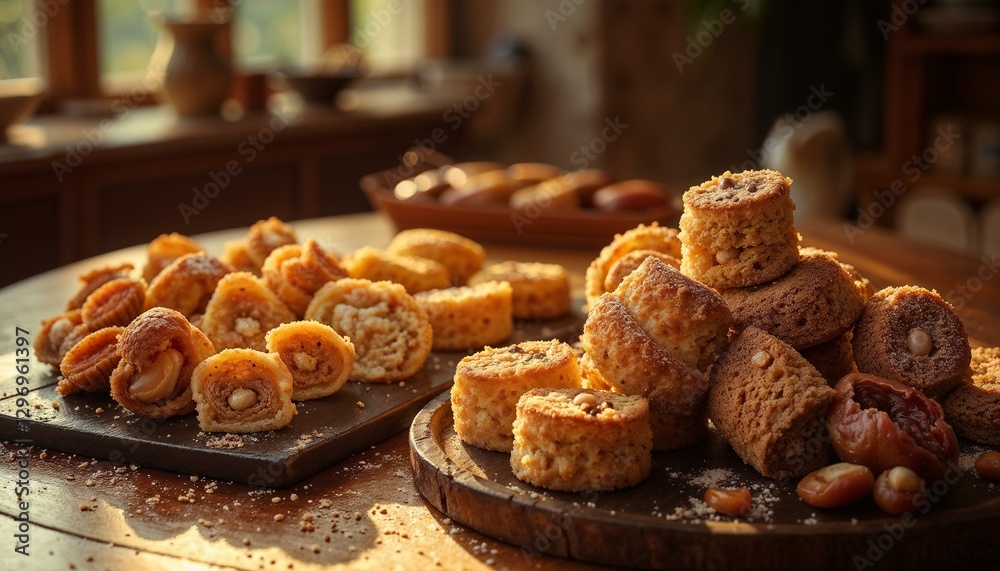 Assorted baked goods displayed on wooden boards in a cozy kitchen ambiance