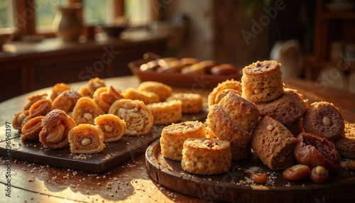 Obraz na płótnie Assorted baked goods displayed on wooden boards in a cozy kitchen ambiance w salonie